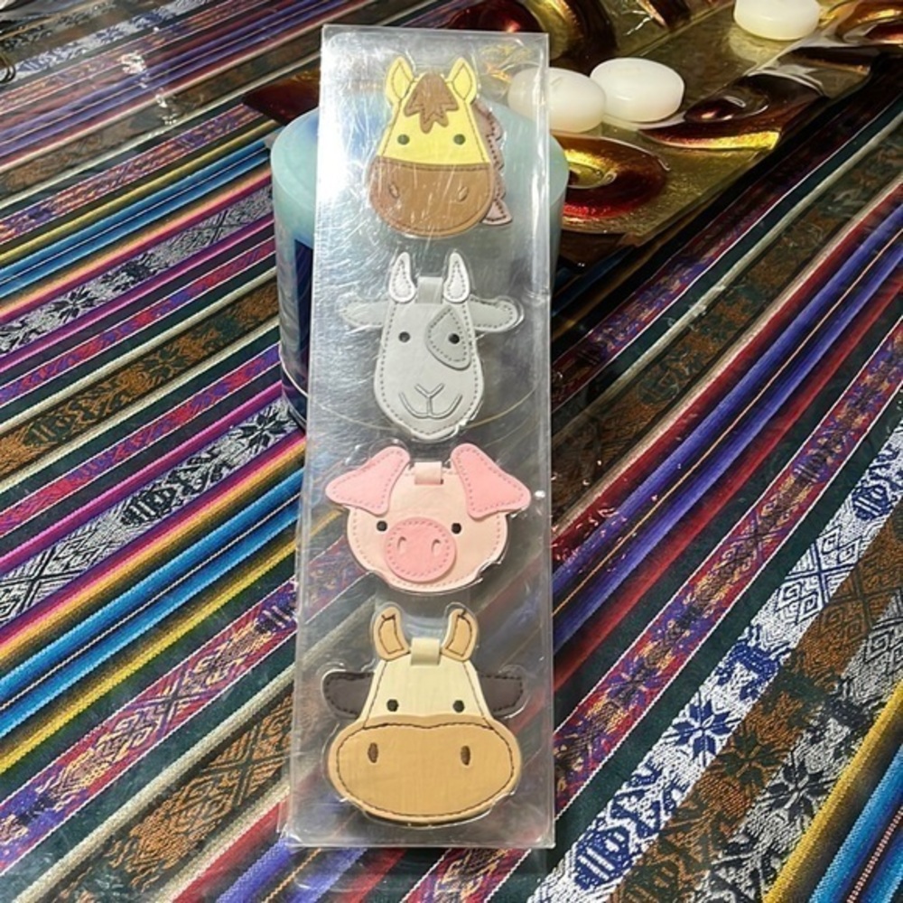 Bella Bug  4 mini luggage animal tags colors pink, brown, yellow gray   3 x 3 in